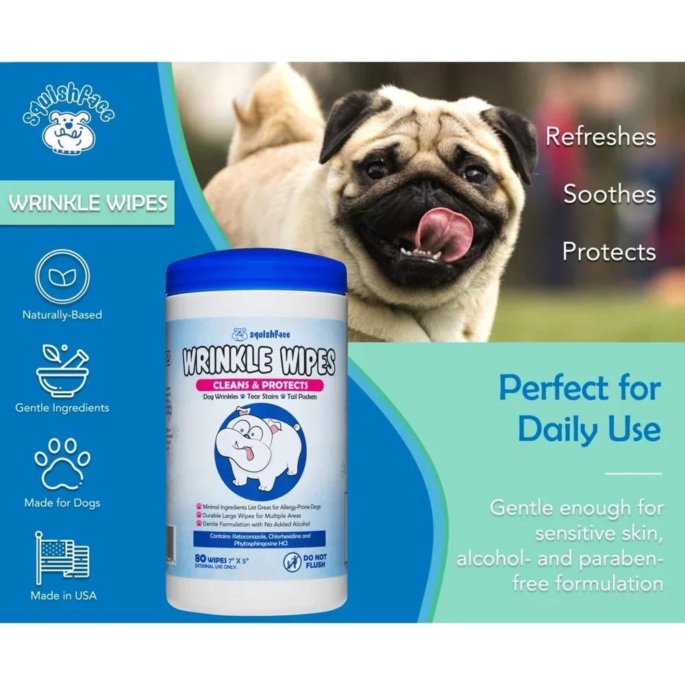 Squishface Wrinkle Wipes Dog Tear Stain Face Fold Cleaning Wipes 80 Ct NEW